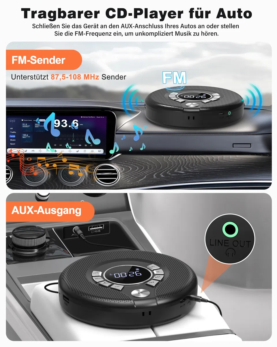 Greadio Bluetooth CD Player Tragbar mit Kopfhörer Discman CD-Player | Anti-Skip/Stoßfest und 2000mAh Wiederaufladbarer, Kompatibler FM-Sender, USB, AUX-Ausgang, HiFi-Doppellautsprecher für Auto