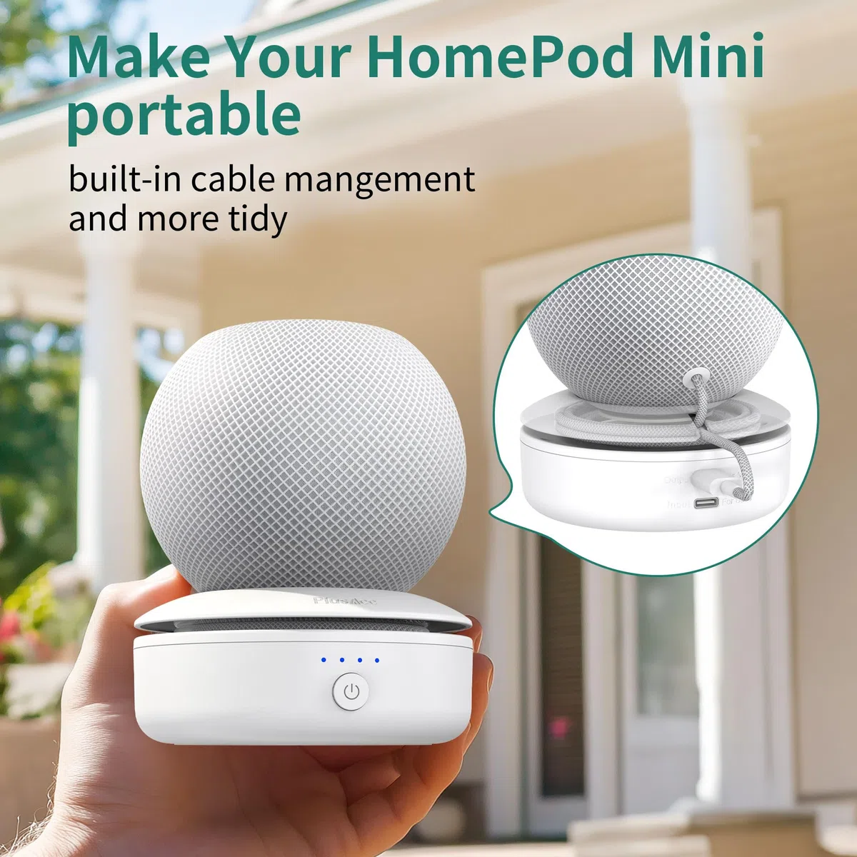 PlusAcc Akku Kompatibel mit HomePod Mini - Tragbare Ladestation Batterie Ständer Home Pod Mini Zubehör Akkustation mit integriertem Kabelmanagement Ohne Geräte (Weiß)