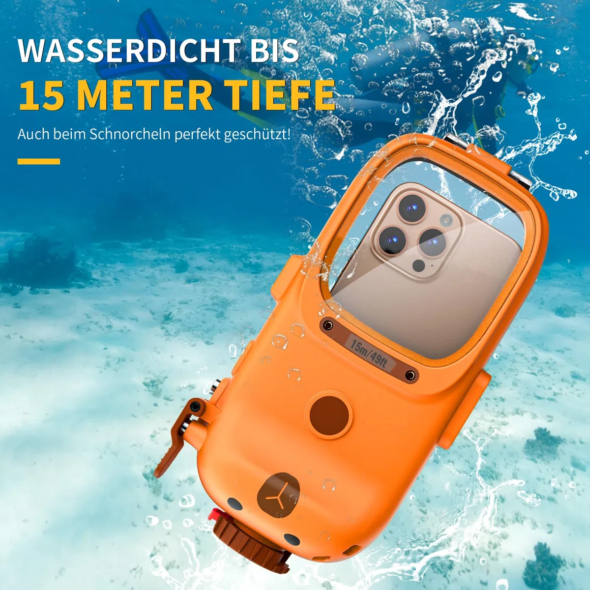 wasserdichte Handyhülle IPX8 Universelle Tauchen,Professionelle Unterwasser Hülle 15M Wasserfeste [Bluetooth Funktion][Einstellbarer Fokus] Case für iPhone Samsung Xiaomi 4.7-6.9",Orange