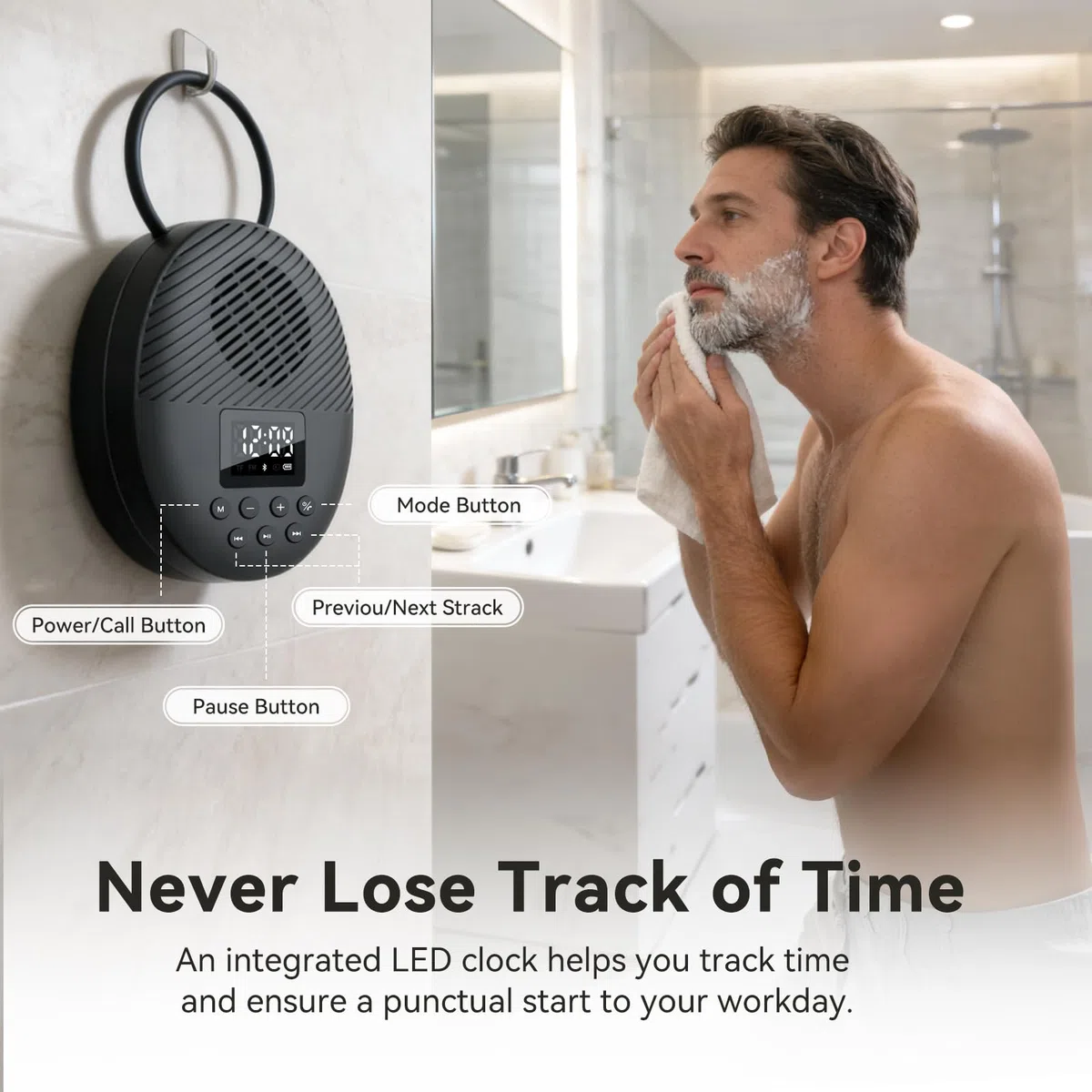 AGPTEK Duschradio Bluetooth 5.4 Badradio | mit Uhr, Lautsprecher, LED-Display & Wecker, IPX5 Wasserdicht Mini Radio for the Bathroom Radio mit Saugnapf & Aufhängeseil