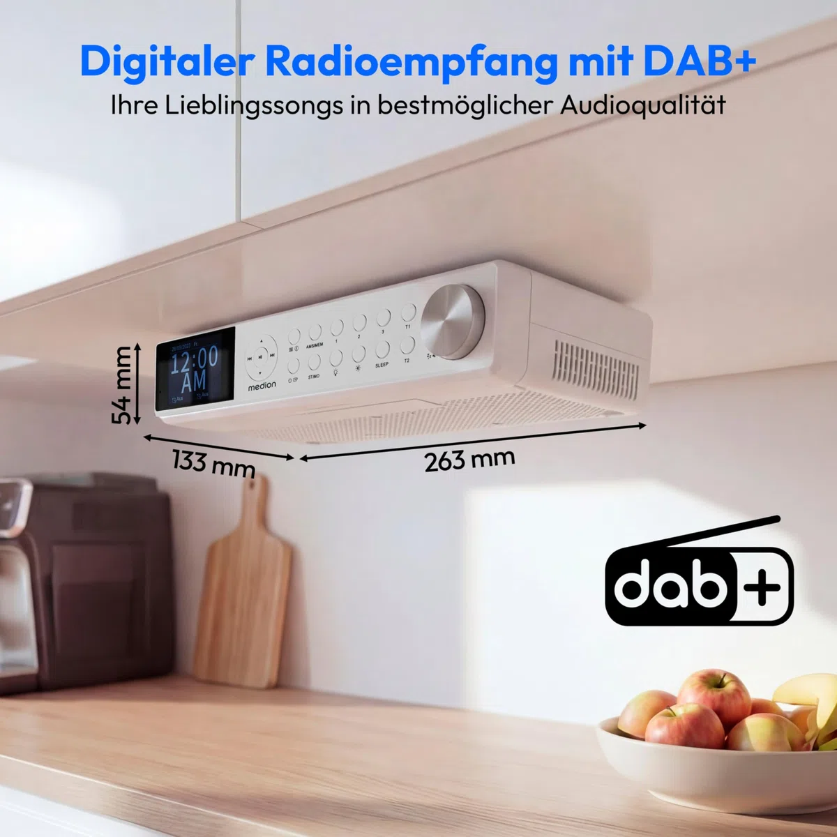 MEDION P66750 Küchen Unterbauradio (DAB+ Küchenradio, PLL UKW Radio, dimmbares TFT Farbdisplay, Koch Timer, Bluetooth, LED Leiste, inkl. Montagematerial) weiß