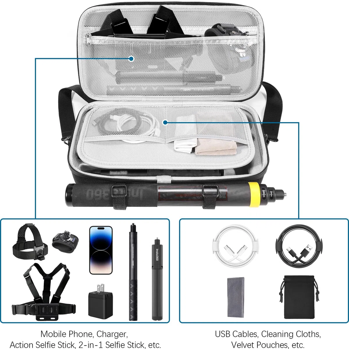 AMAZEAR Tragetasche für Insta360 X4 / X5 / X4 Air Koffer,Kompatibel mit 3m 9.8ft Extended Edition Selfie Stick,Tragbare wasserdichte Schultertasche für Insta 360 X5 / Insta 360 X4 air X3 ONE Zubehör