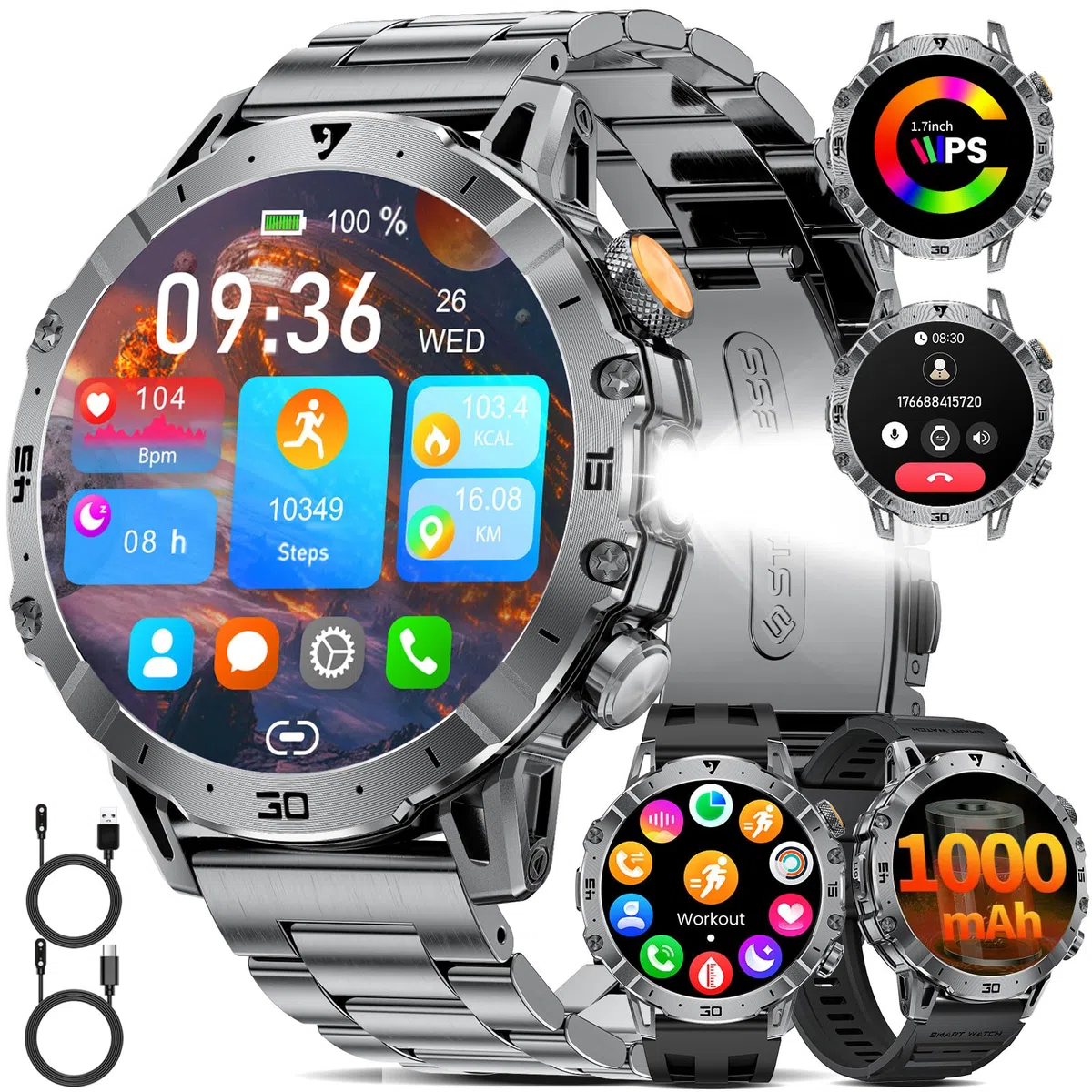 LIGE Smartwatch Herren Militär, 1000mAH Großer Akku, 1,7”HD Großes Display mit Telefonfunktion, LED Taschenlampe Fitnessuhr mit 110+ Sportmodi, Herz-/Schlaftracking,IP68 Sportuhr iOS/Android,Schwarz