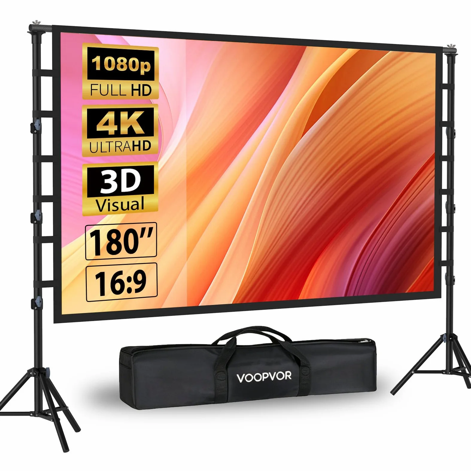 180 Zoll Outdoor Beamer Leinwand mit Stativ: VOOPVOR Tragbare Projektionsleinwand 16:9 4K HD, Kinoleinwand für Innen/Außen, mit Tragetasche & Höhenverstellbarem Stand für Heimkino und Wohnmobile