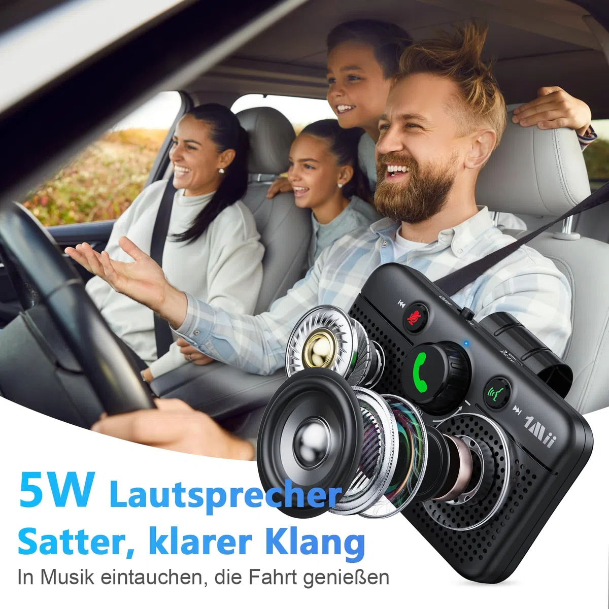 1Mii CarEcho MK02 Bluetooth 6.0 Freisprecheinrichtung für Auto, 5W Lautsprecher für Kristallklare Anrufe, Siri & Google Assistant, Automatisches Einschalten, Dual Verbindung, 35 Std Akku