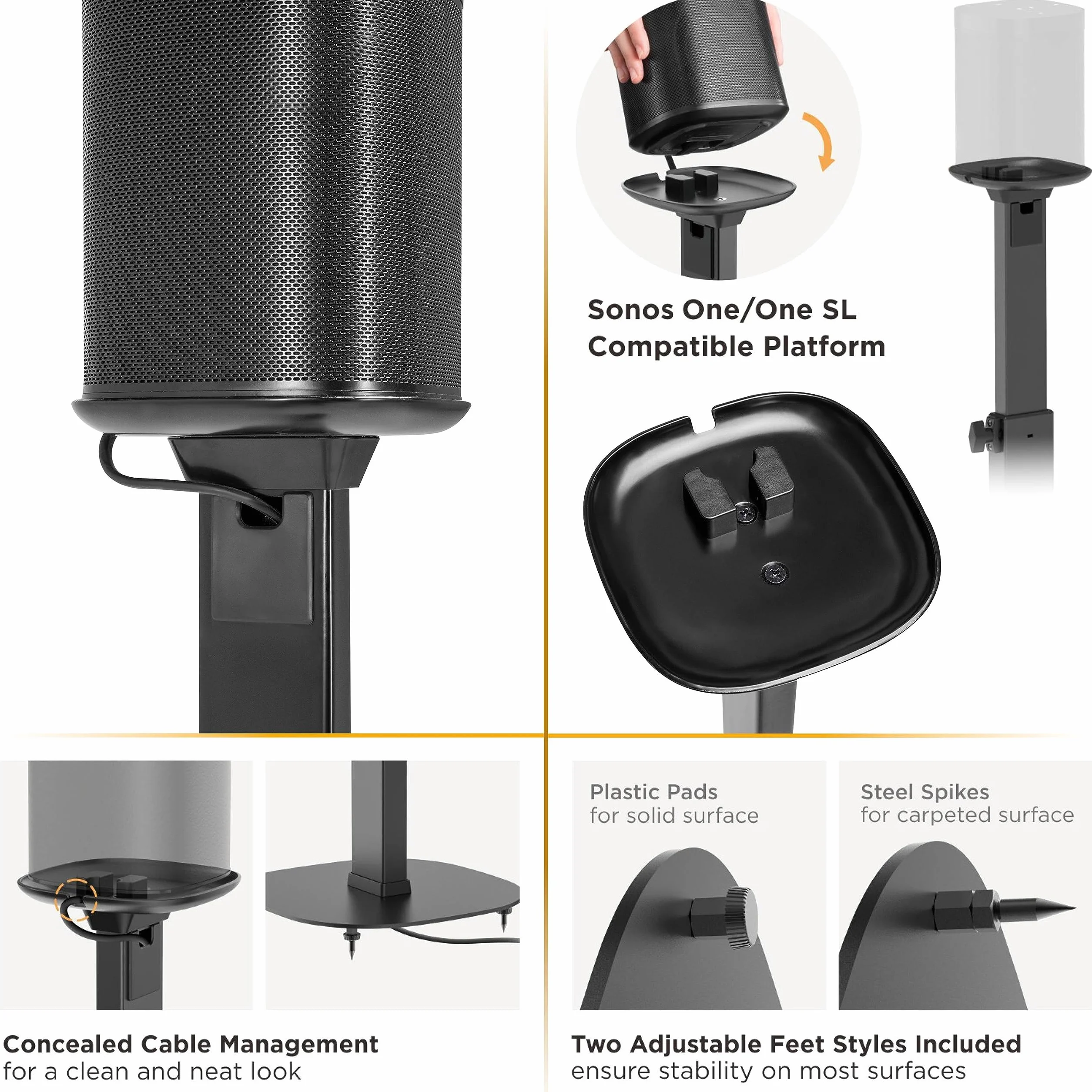 RICOO 1 x Lautsprecherständer Lautsprecher Ständer für SONOS ONE & SL LH073 Boxenständer höhenverstellbar Bodenständer Boxen Standfuß Stativ Speaker Stands mit Kabelführung