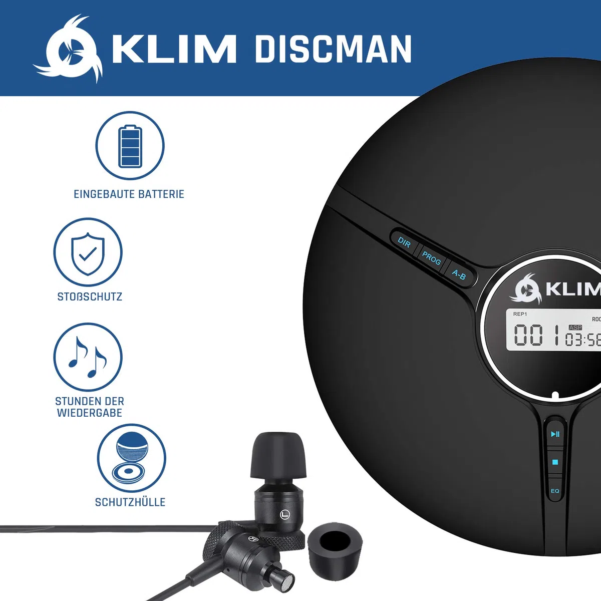 KLIM Discman - Tragbarer CD Player mit eingebautem Akku - NEU - inklusive KLIM Fusion Kopfhörer Kompakter Mini Portable CD Player, kompatibel mit CD-R, CD-RW und MP3 - Schwarz