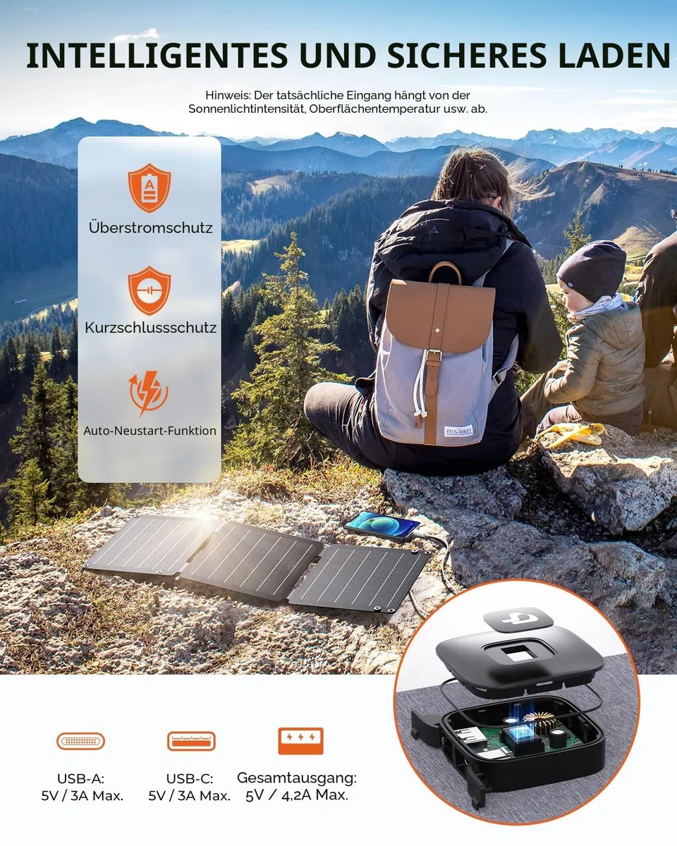 21W Tragbares Solarladegerät, BigBlue Faltbar Solarpanel (5V/4,2A Max.) mit USB-A und USB-C, IP68 Wasserdicht für Wandern, Camping, Kompatibel mit Handy, Tablette, Samsung, LG usw.