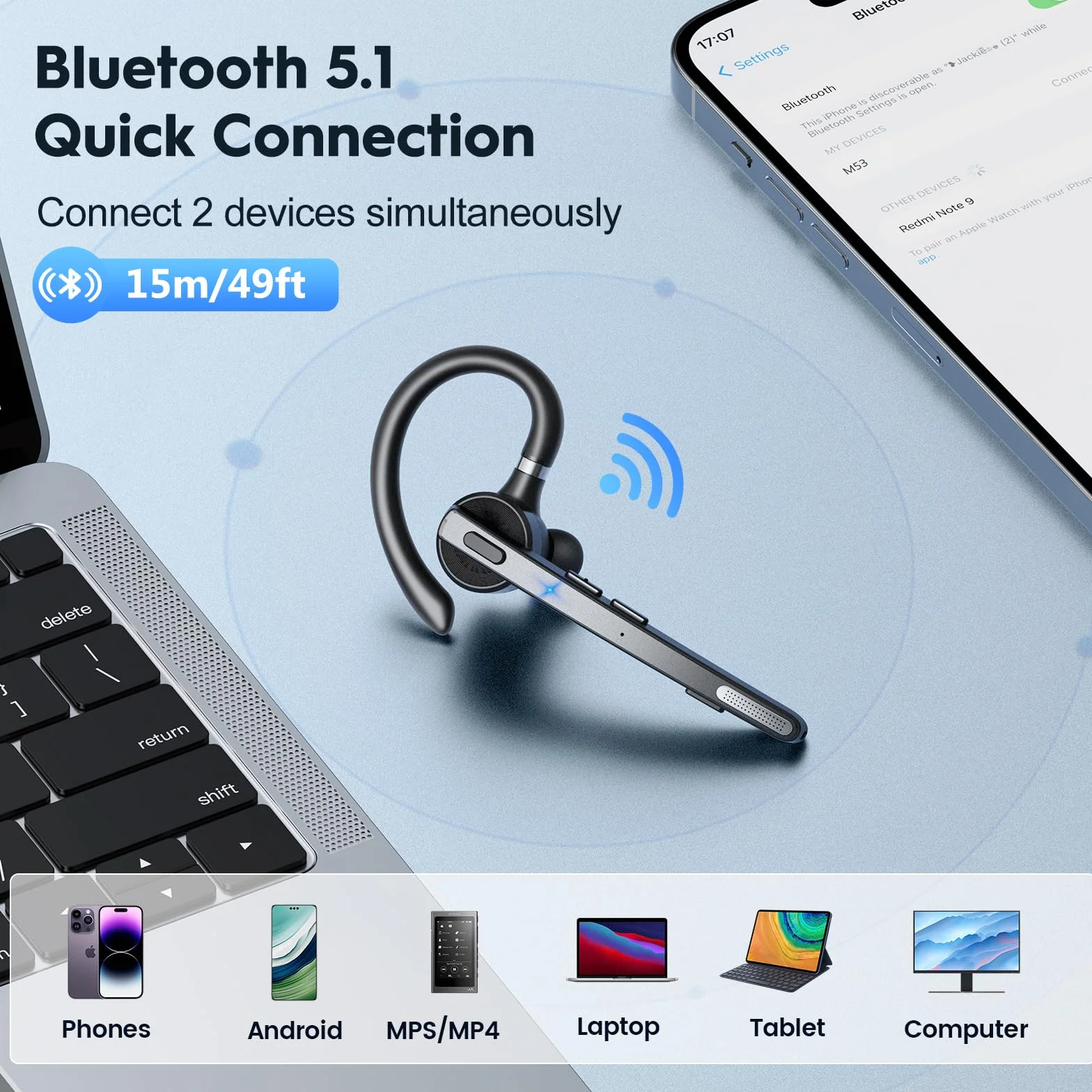 New Bee Bluetooth Headset, V5.1 Wireless Freisprech Headset mit 72h Spielzeit und CVC 8.0 Dual ENC Geräuschunterdrückung Mikrofon, Bluetooth-Ohrhörer mit Ladecase für iPhone/Android/Laptop
