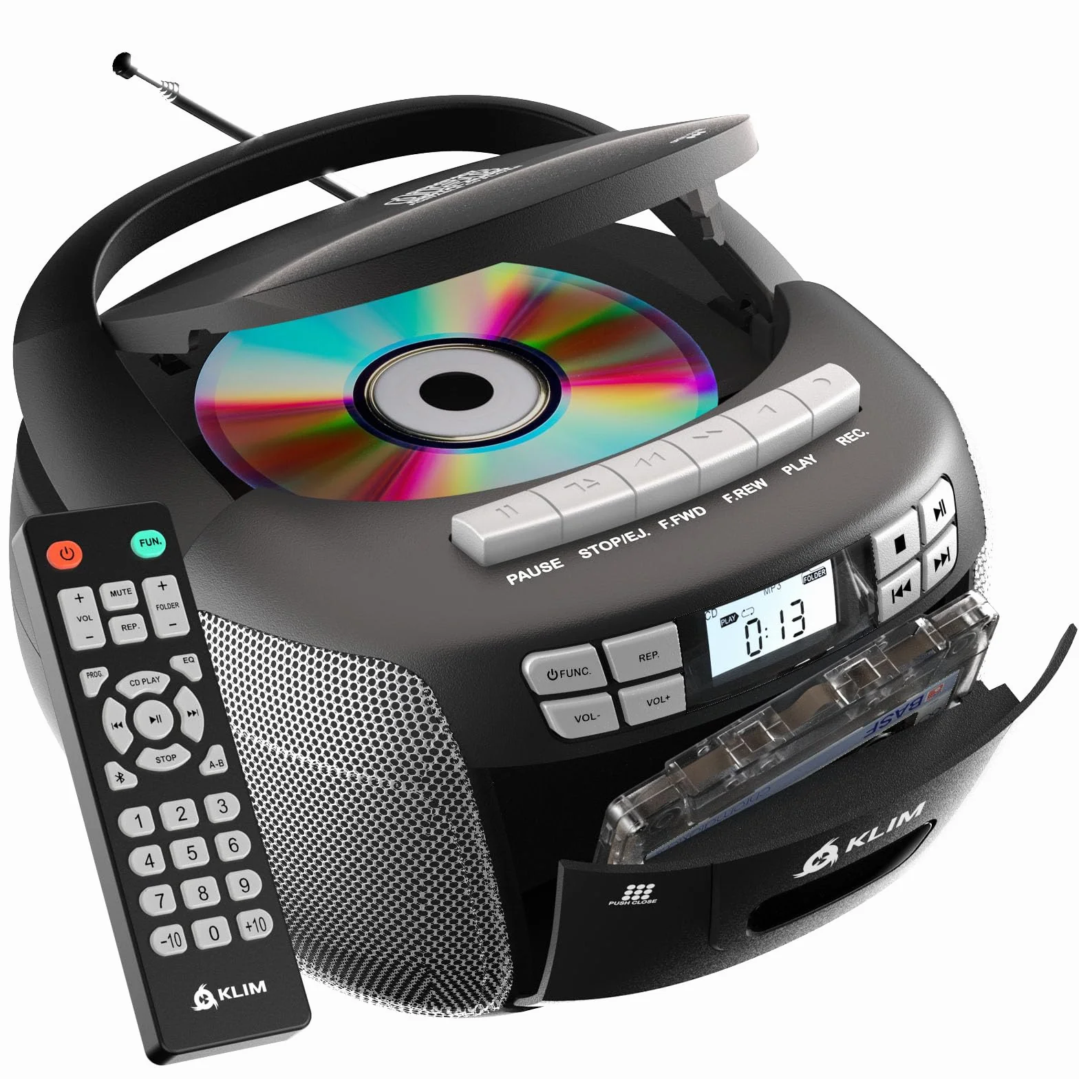 KLIM CD Player mit Kassette, Kassettenspieler, Kassettenrekorder, AM/FM Radio & USB, Bluetooth CD-Player, Netz- und Batteriebetrieb - Silber