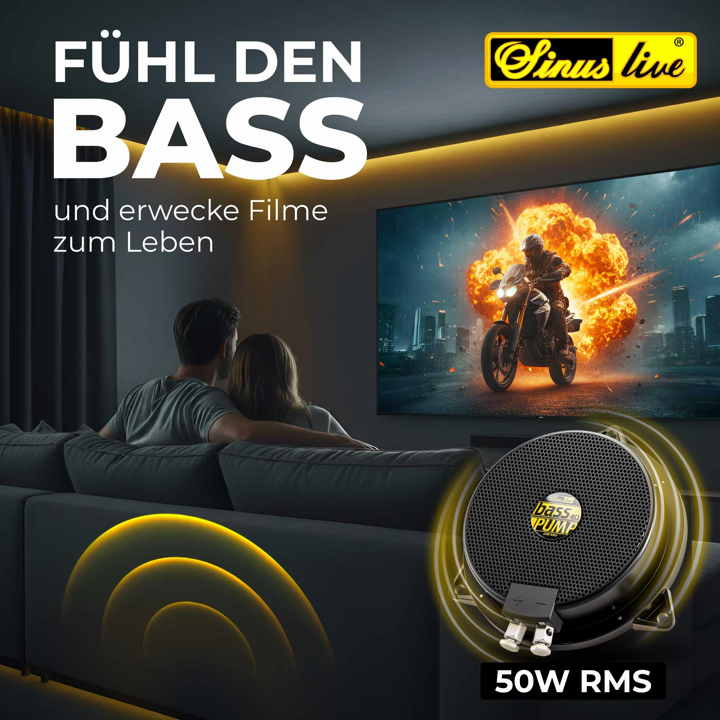 Sinuslive bassPUMP 4 Ohm Körperschallwandler, 50 W RMS Bass-Shaker für spürbaren Bass, Heimkino, Gaming-Stuhl, Sofa, Auto und SIM Racing, Body Shaker - 4 Ohm schwarz