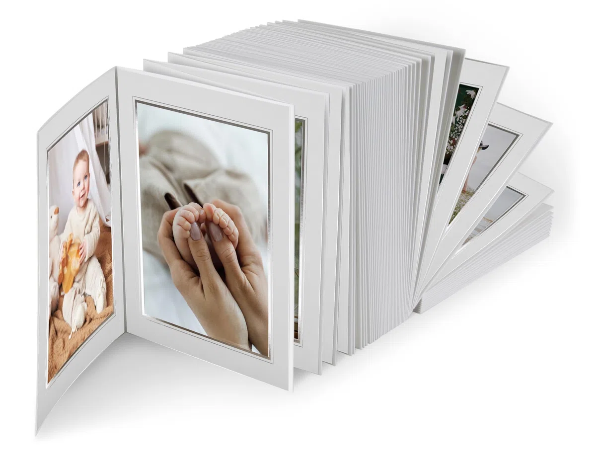 100er Endlos-Leporello 18x24 cm, Leinen weiß Silberprägung, Passepartout für Fotos im Format 15x20 cm, Fotoblock Foto-geschenk Jubiläum