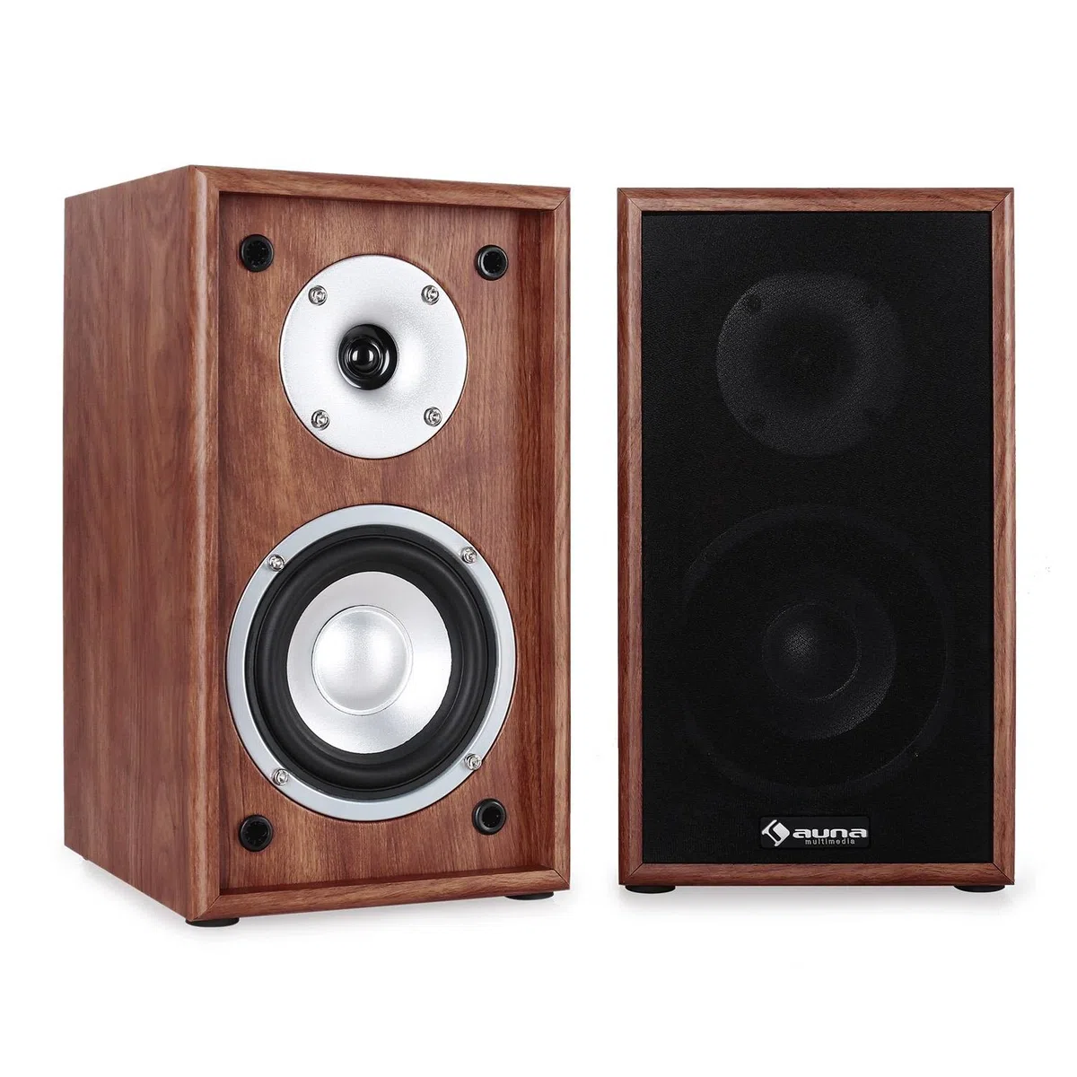 auna - Linie 300 SF-WN, Regallautsprecher, Lautsprecher-Boxen, HiFi-Boxen, Lautsprecher-Paar, 2-Wege-System, 13cm (5") Tieftöner, 76 Watt max, 8 Ohm, passiv, walnuss