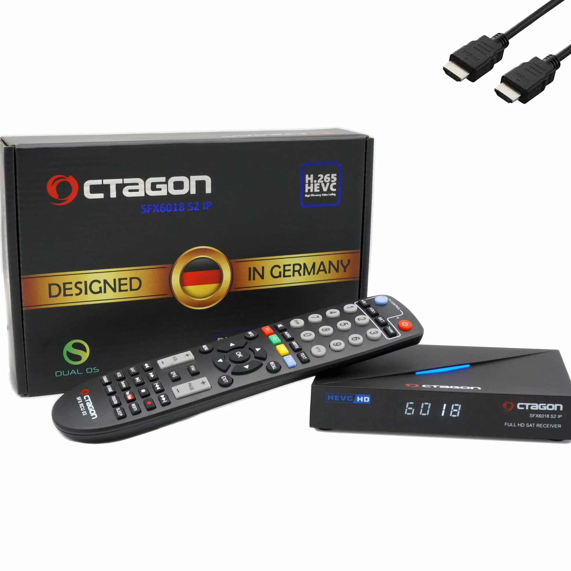 Octagon SFX6018 S2+IP no WiFi H.265 HEVC 1x DVB-S2 HD E2 Linux Smart Receiver, Satelliten Receiver mit Aufnahmefunktion, Kartenleser, YouTube, Web-Radio, EasyMouse HDMI-Kabel, Schwarz