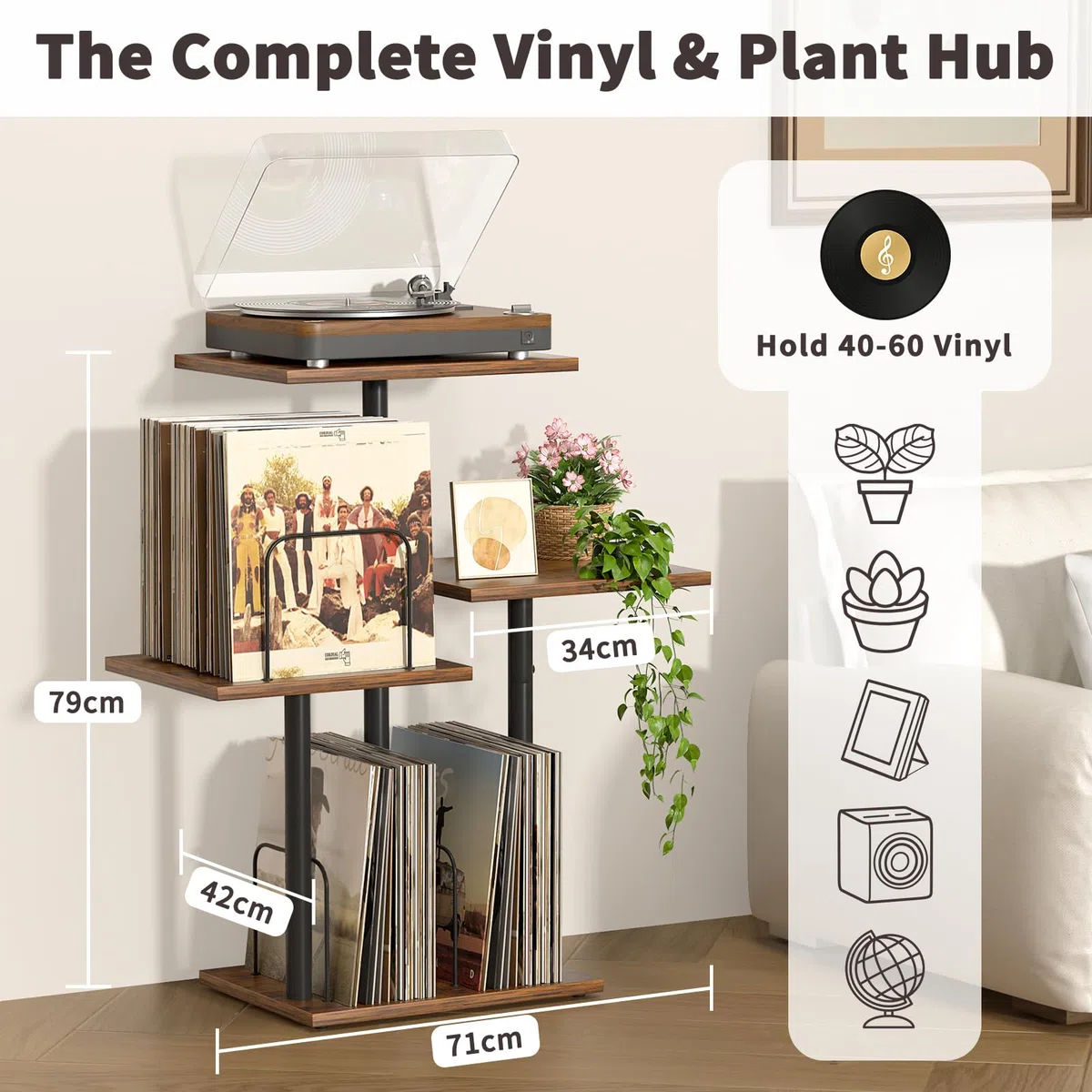 Bikoney Plattenspieler-Ständer mit Vinyl-Aufbewahrung, Holz-Tisch für Plattenspieler mit LP-Regal, Schallplatten-Organizer und Display für Kleine Räume, Wohnungen, Schlafzimmer und Wohnzimmer