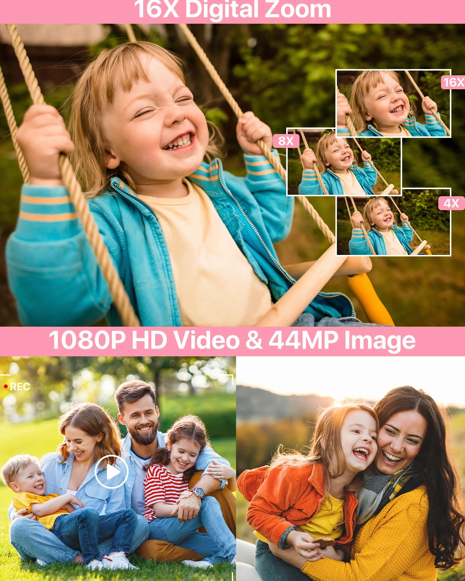 Digitalkamera 1080P Fotokamera 44MP Kamera Fotoapparat Tragbare Kompaktkamera mit 2,4" LCD Bildschirm, 16X Digitalzoom, 32G Micro Speicherkarte, 1 Akku für Kinder Teenager Student Anfänger-Rosa