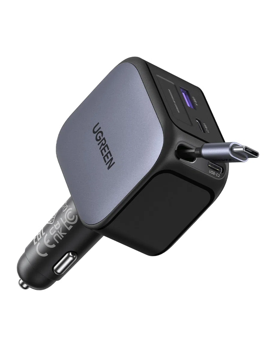UGREEN Nexode 145W Zigarettenanzünder, 100W USB C Schnellladen, Typ-C Auto Ladegerät, integriertes einziehbares Kabel 60W, 4 in 1 Auto zubehör, kfz 12v-24V für iPhone 17/MacBook/iPad/Galaxy S25/GPS