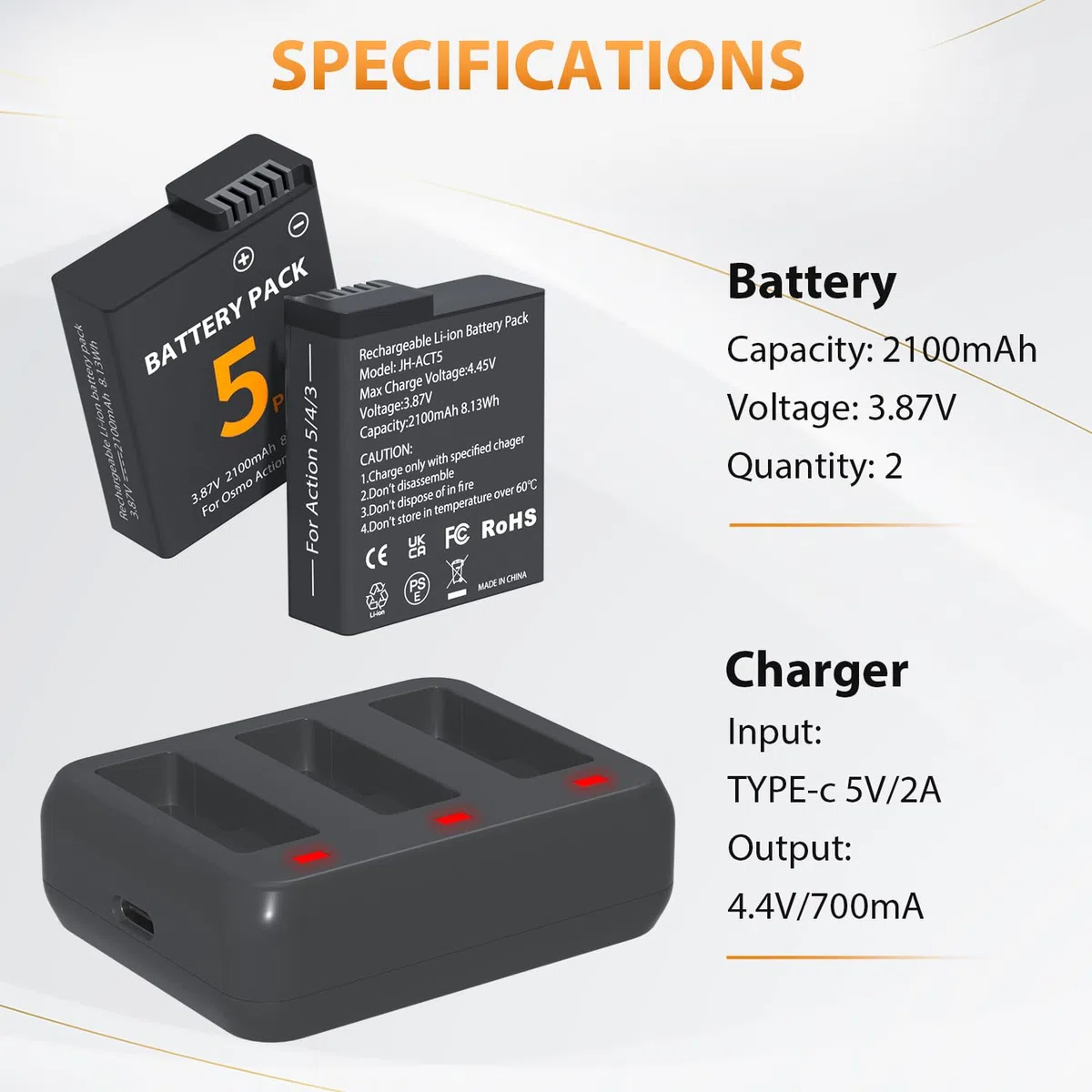 LP Osmo Action 5 Pro Akku-Pack (2er-Pack) mit 3-Fach-Ladegerät, 2100-mAh-Akku,OSMO Action 6 Akku-Ladegerät kompatibel mit DJI Osmo 360/Action 6Action 5 Pro/Action 4/Action 3 Kamera