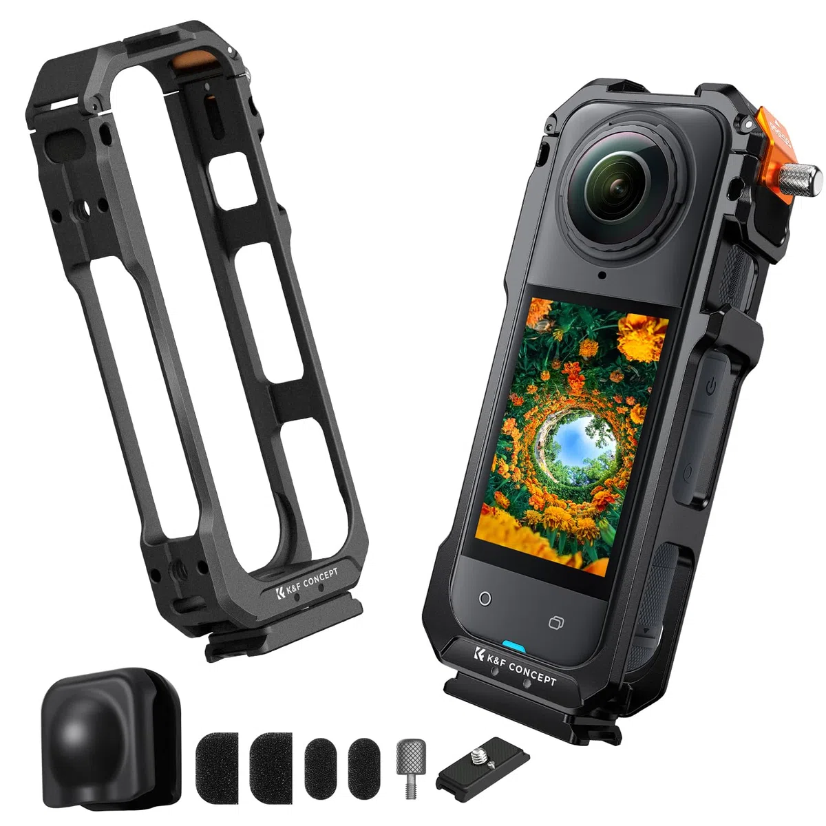 K&F CONCEPT Käfig Kamerakäfig für Insta360 X5, Aluminiumlegierung Schutzgehäuse mit Silikon Objektivabdeckung, Rahmen mit 2 Cold Shoe Halterungen für Mikrofon und Led, Built-in 1/4" Schraubenloch