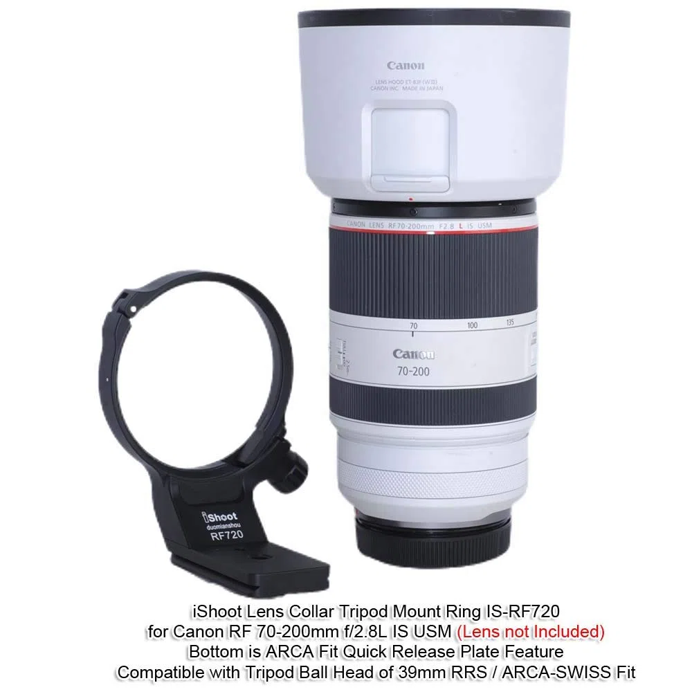iShoot Metall-Stativ-Halterung, Objektivring, kompatibel mit Canon RF 70-200 mm f/2.8L IS USM E (III), Objektiv-Halter-Halterung, Unterseite ist Arca-Swiss Fit Schnellwechselplatte Merkmale.