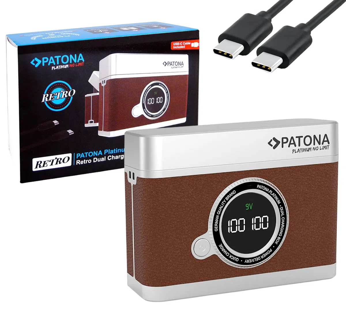 PATONA Platinum Retro Dual Ladebox USB-C für Canon LP-E6 LP-E6N LP-E6NH LP-E6P Akku – Schnellladegerät mit LED-Display, PD & QC, 8.4V, Lade- & Aufbewahrungsbox kompatibel mit EOS R R5 R6 R7