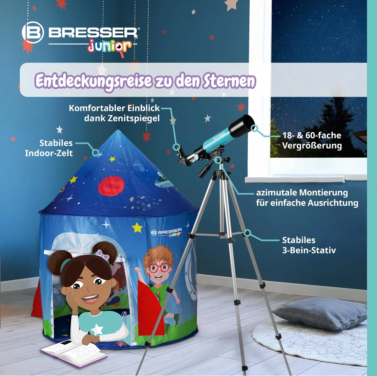 Bresser Junior Linsenteleskop 50/360 für Kinder - Astronomie Einsteigerset mit Zelt, Refraktor Teleskop, Stativ, Azimutale Montierung, Okulare und Zenitspiegel ,blau