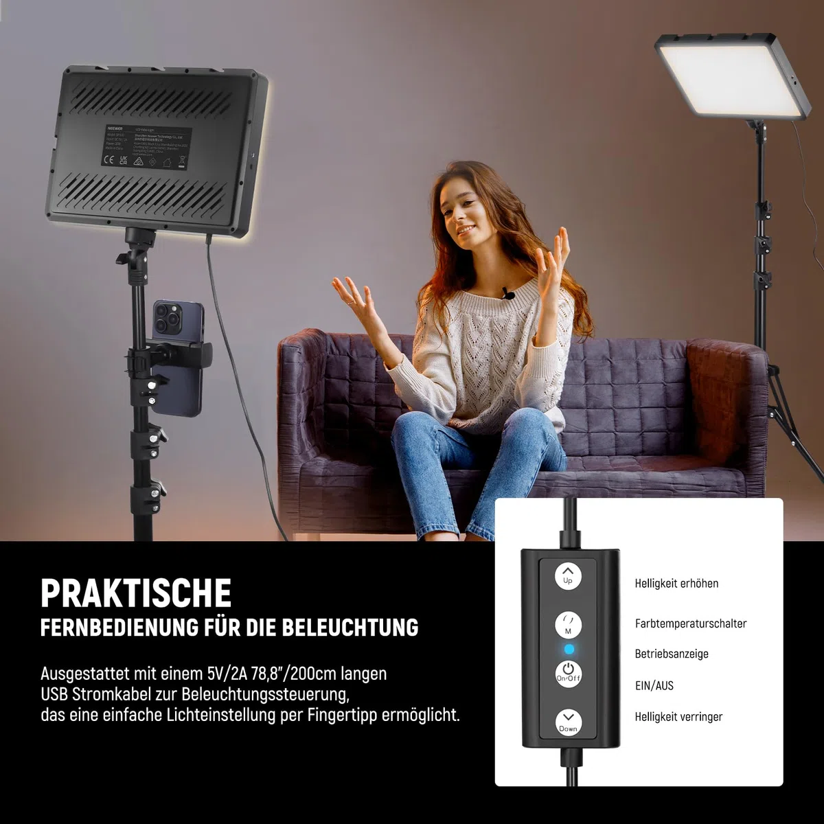 NEEWER Basics 2 Pack LED Video Light Panel mit 59''/150cm Stativständer & Telefonhalter, 2700 6500K 850Lux Bi Color Dimmbare Studiobeleuchtung für Fotografie Filmen Aufnahme Live Streaming, BP300