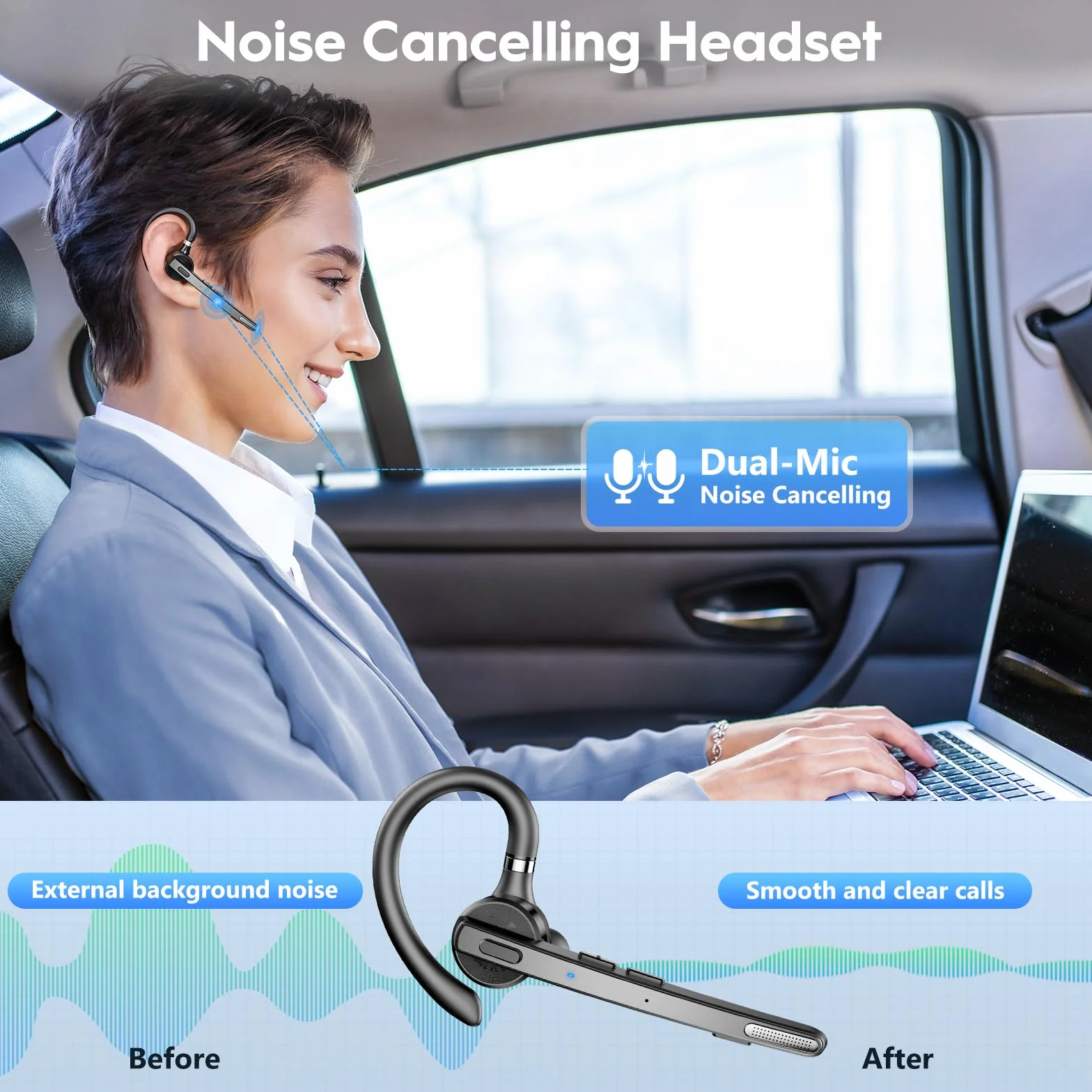 New Bee Bluetooth Headset, V5.1 Wireless Freisprech Headset mit 72h Spielzeit und CVC 8.0 Dual ENC Geräuschunterdrückung Mikrofon, Bluetooth-Ohrhörer mit Ladecase für iPhone/Android/Laptop