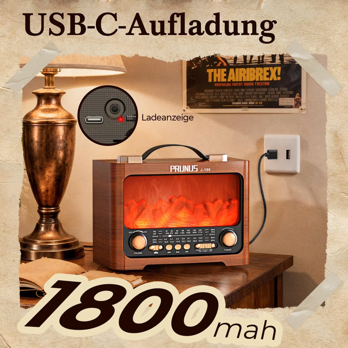 PRUNUS J-196 AM/FM/SW Retro Radio mit Bluetooth | Nostalgie Radio mit Akku 1800mAh | Transistorradio Küchenradio für Zuhause | Flammen-LED | USB/TF Slot | großem 8W-Lautsprecher | Vintage-Dekoration