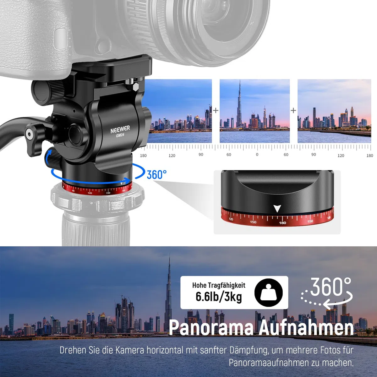NEEWER Stativ Fluidkopf Pan Tilt Head mit Schnellwechselplatte und Griff, Metall Kamera Stativkopf kompatibel mit Arca Swiss für kompakt Videokameras DSLR Kameras, Belastbar bis zu 3kg,GM24(Rot)