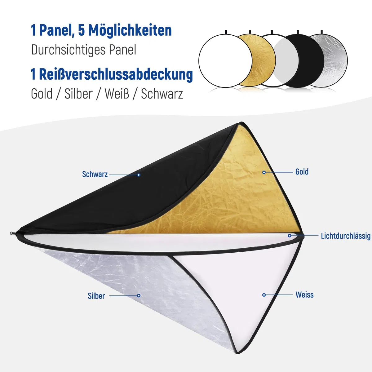 NEEWER 110cm Lichtreflektor Diffusor 5 in 1 Faltbare Multi Disc mit Tasche - Durchscheinend, Silber, Gold, Weiß und Schwarz, Fotoreflektor für Studio Fotografie Beleuchtung im Freien, RF-110