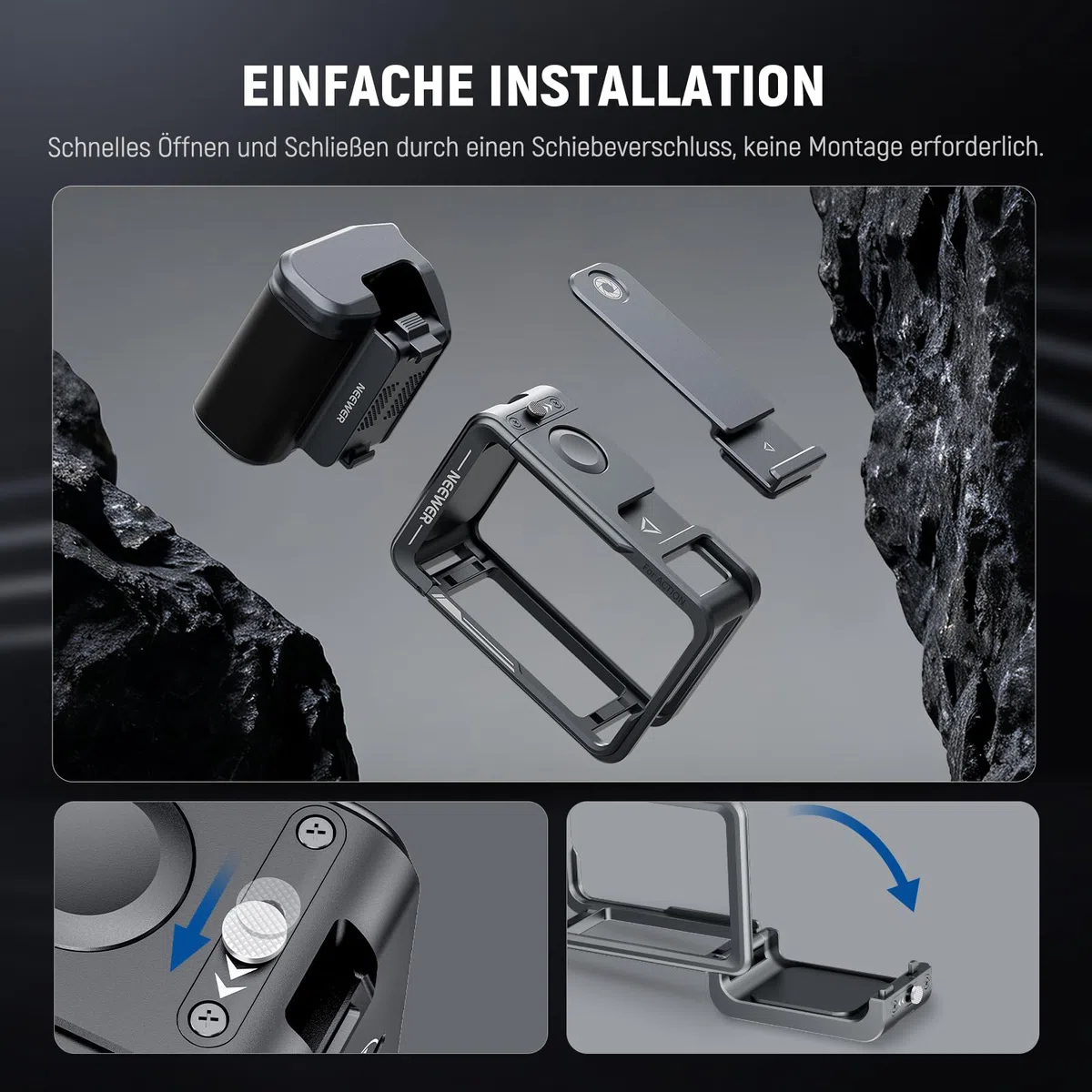 NEEWER Cage und Side Handle Set kompatibel mit DJI Osmo Action 5 Pro / 4/3, Schutzvorrichtung aus Metall mit magnetischer Adapterhalterung, Cold Shoe Shutter Extender Bar, dunkelgrau, AC014+AC034