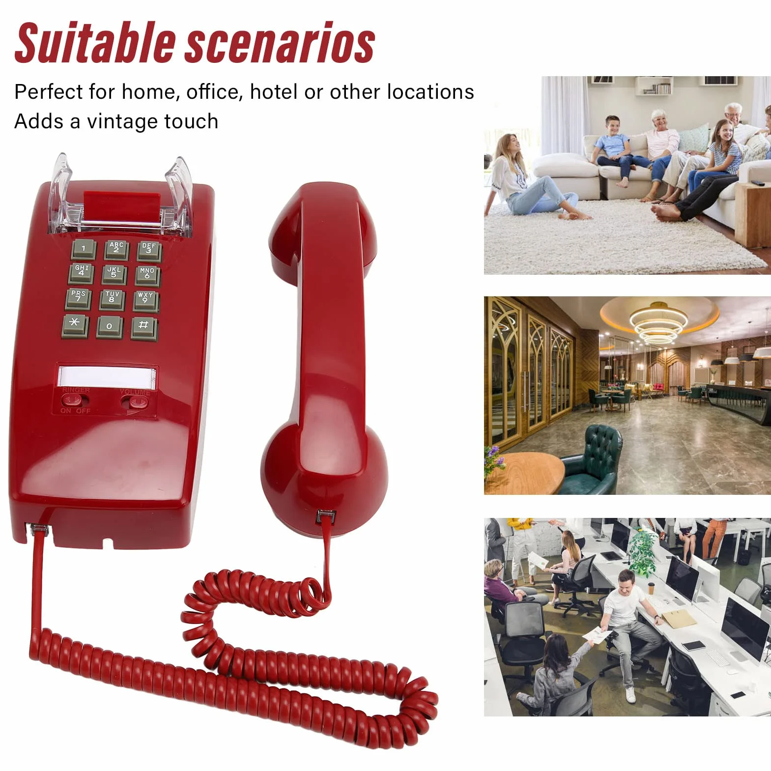 Retro-Wandtelefon Im Alten Stil, Wasserdichtes Schnurgebundenes Festnetztelefon mit Hörer-Lautstärkeregler, Vintage-Wandtelefon für Zuhause, Hotel, Schule und Büro - Rot