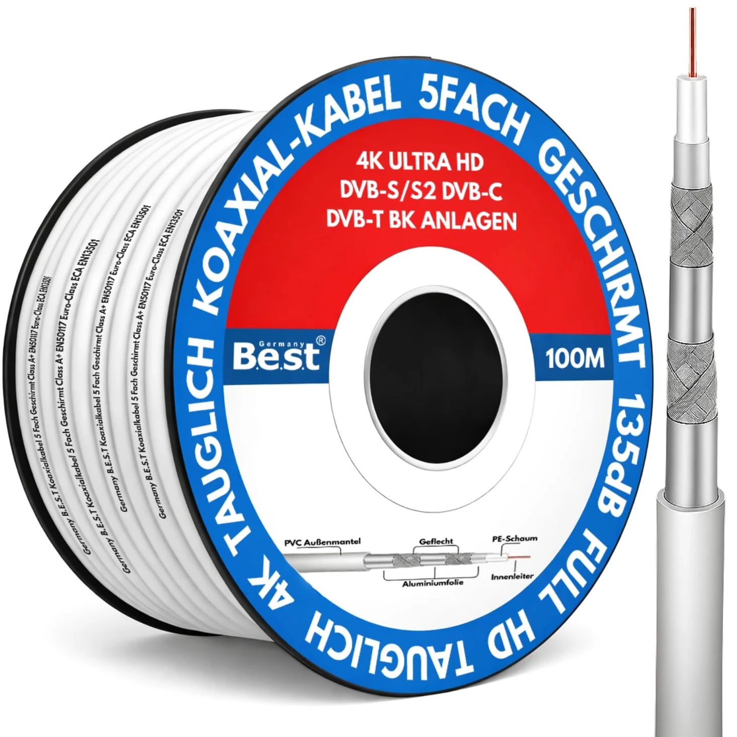 Germany B.e.s.t Koaxialkabel 100 M SAT-Kabel | 4K Ultra HD | Class A+ | DVB-S/S2 DVB-C DVB-T BK Anlagen | 5Fach Geschirmt | 135dB