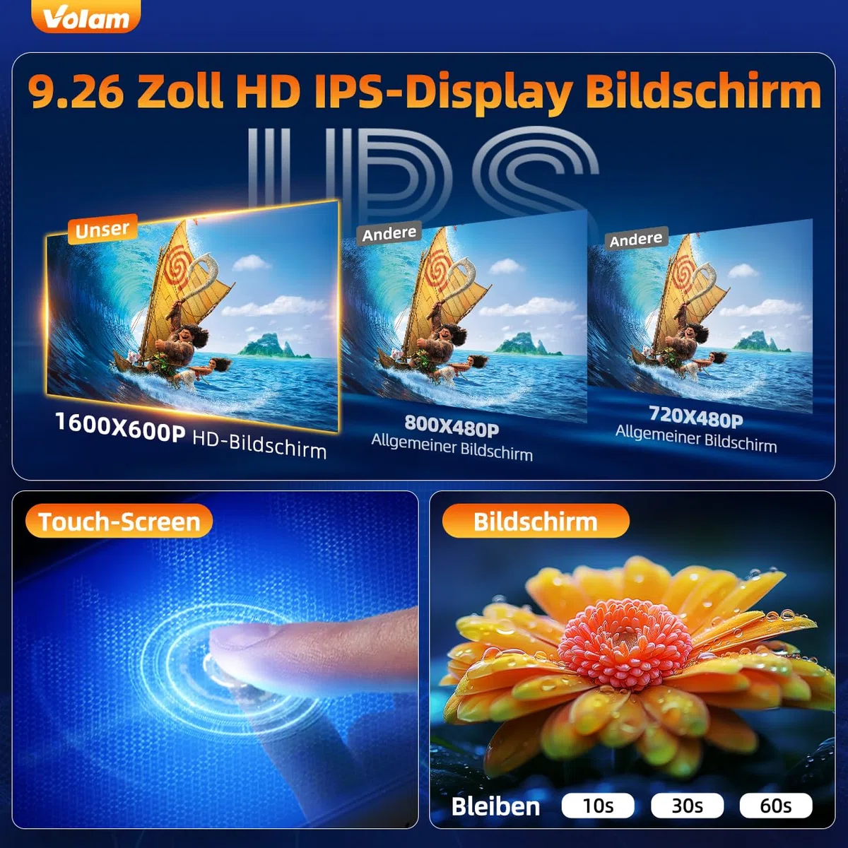Volam 9.26 Zoll CarPlay Display,Tragbares Autoradios kompatibel mit Apple CarPlay&Android Auto,Car play IPS Touch Screen,Carplay Bildschirm mit siri/GOO-gle,GPS Navigation,Blue-tooth,Mirror Link