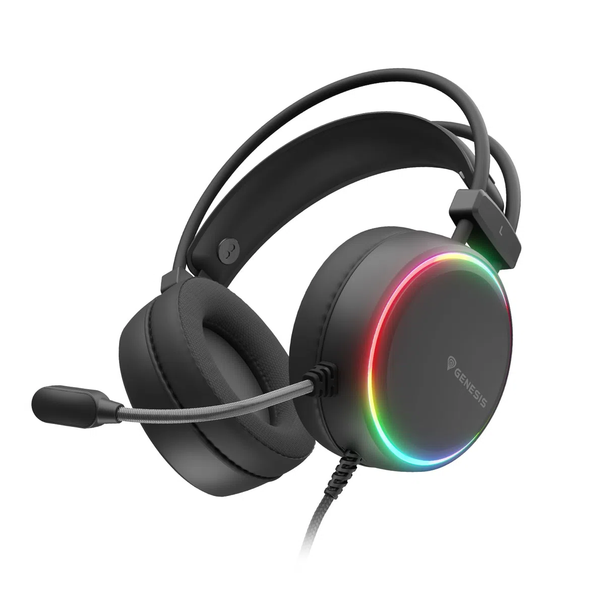 Genesis Neon 613 G2 Gaming Headset mit Mikrofon Schwarz, kabelgebundenes Over-Ear PC Headset, Gaming Kopfhörer mit Kabel, 50mm Treiber, RGB Beleuchtung, Mute, 3,5mm Mini Jack, USB-A, für PC Laptop
