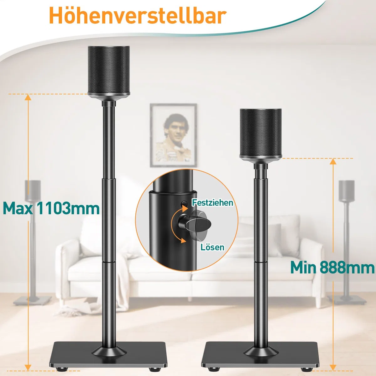 ELIVED Lautsprecherständer für Era 100 und Sonos One, One SL, Play: 1, Höhenverstellbar 88,8 cm-110,3 cm, Boxenständer Lautsprecher Ständer, 1 Paar, EV5024