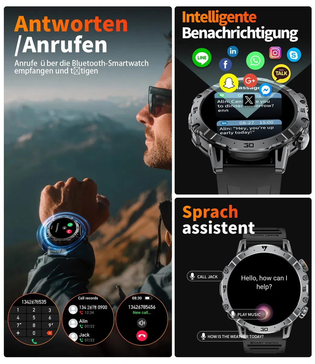 LIGE Smartwatch Herren Militär, 1000mAH Großer Akku, 1,7”HD Großes Display mit Telefonfunktion, LED Taschenlampe Fitnessuhr mit 110+ Sportmodi, Herz-/Schlaftracking,IP68 Sportuhr iOS/Android,Schwarz