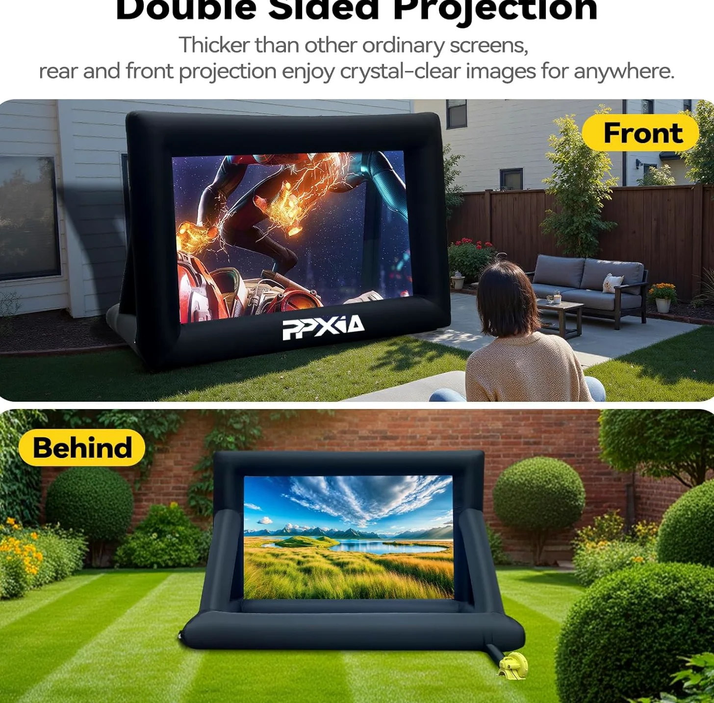 Aufblasbare Beamer 24FT Leinwand Mega Projektion Leinwand mit Stand und Gebläse, Vorder-und Rückprojektion Indoor Outdoor Projector Screen Tragbare Blow Up Filmleinwand 16: 9 für Heimkino