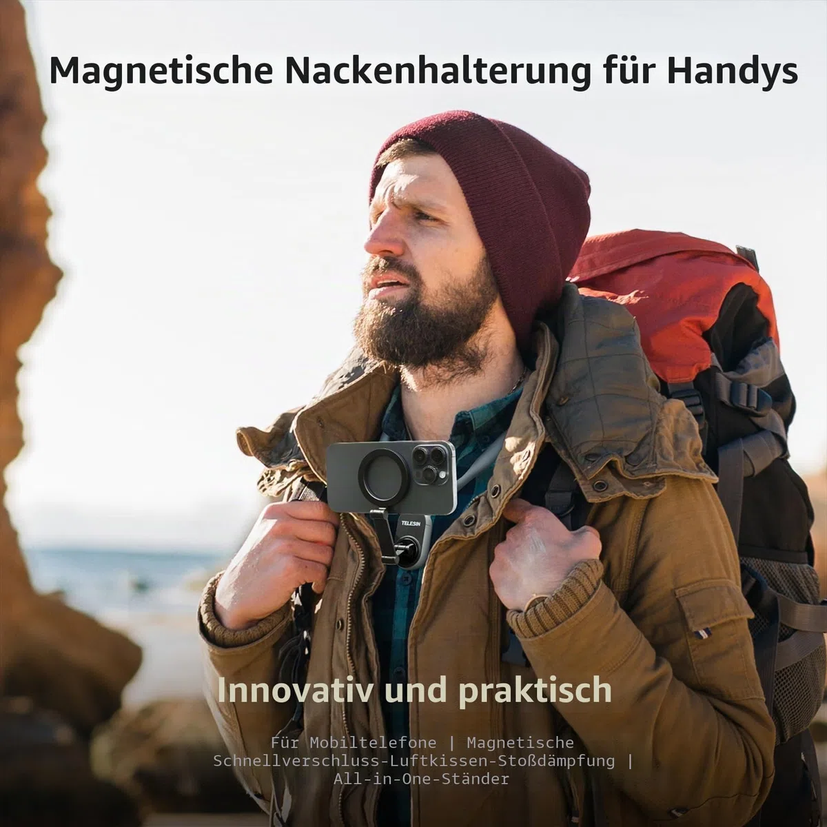 TELESIN Magnetische Nackenhalterung für Telefone, Nacken-Telefonhalter POV/Vlog Selfie-Halterung Hand frei Telefon-Halshalterung Bruststativgurt Videoaufnahme iPhone 17 16 15 14 13 12 Android (Grau)