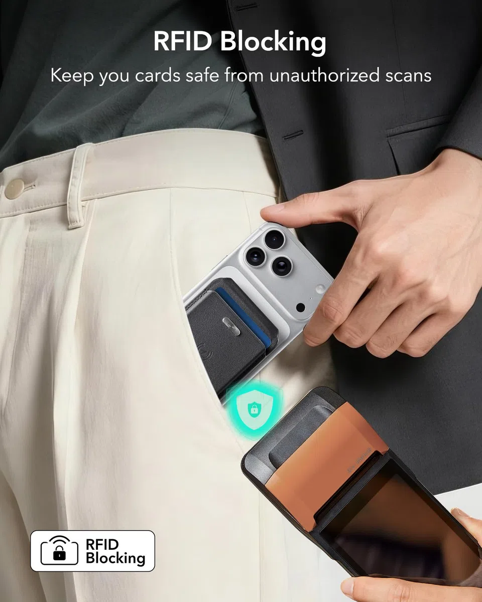 ESR Geo MagSafe Wallet mit vollständiger Wo ist?-Funktion, 5-Karten-Halter, RFID-Schutz, verstellbarem Ständer, Magnetisches Wallet für iPhone 17e/17/16/15/14/13/12 Serie, Nicht für mini, Schwarz