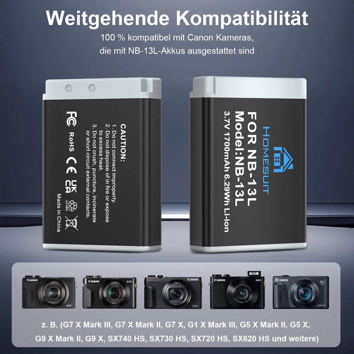 Homesuit NB-13L Akku 1700mAh & Dual Ladegerät für Canon PowerShot G5X, G5X Mark II, G7X, G7X Mark II, G7 X Mark III, SX720 HS, SX730 HS, SX740 HS, SX620 HS, G1X Mark III, G9X, G9X Mark II (2er-Pack)