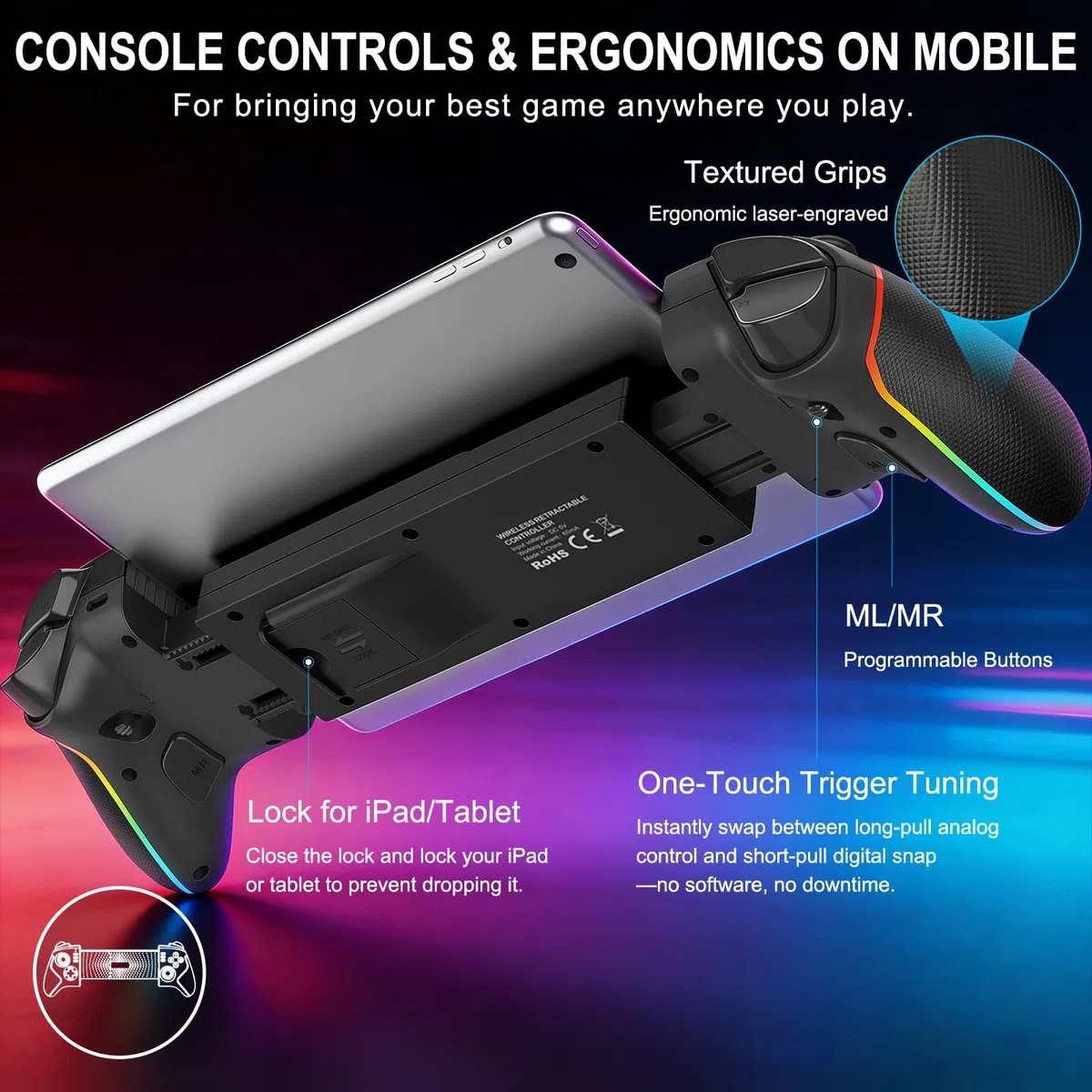 Joso Mobile Game Controller für iPad 13" & Tablet, iPhone, Android Control mit Hall-Joysticks/Triggern/Makro/Turbo/RGB-Beleuchtung und klemmbarem iPad, Play Ps4/Xbox/PC-Streaming & Cloud-Gaming
