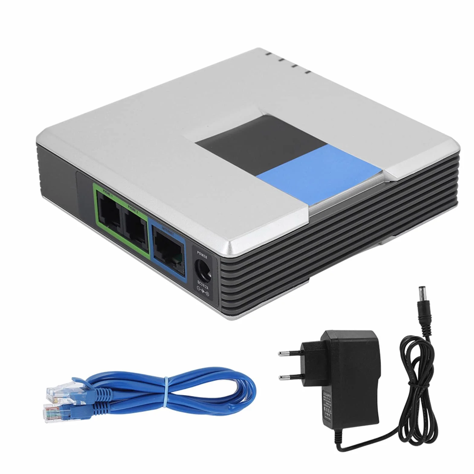 VoIP Gateway Internet, Internet Telefon Adapter Telefon 2 Ports Adapter SIP RJ45 Kabel für Linksys PAP2T (EU-Stecker)