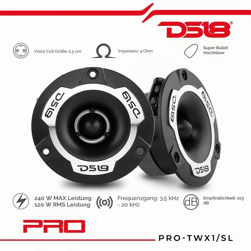DS18 Auto Audio Hochtöner 240 Watt 1 Zoll 4 Ohm Super Bullet PRO-TWX1 Paar