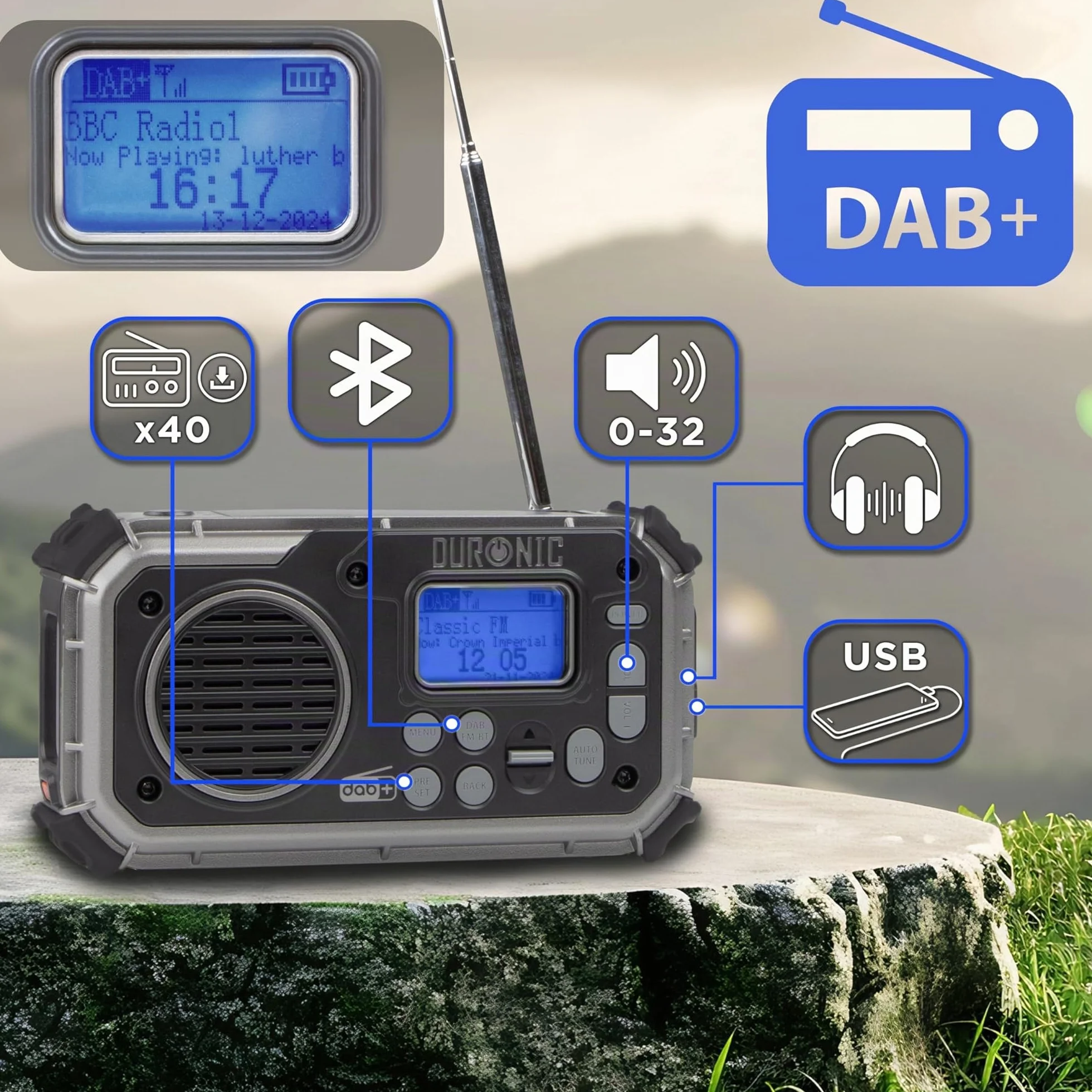 Duronic SDAB1 Kurbelradio, Tragbares Solar Notfall DAB FM Radio mit LED Licht und Kurbel, Batteriebetrieb und 2000mAh Powerbank, Bluetooth Speaker