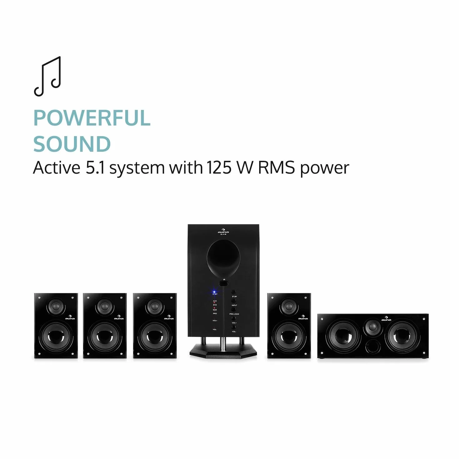auna Areal 525 5.1 Soundsystem, Heimkinosystem, 5.1 Heimkinosystem, RMS, Subwoofer, 4 oder 5 Satellit, AUX-Eingang, Heimkino mit 125 Watt, schwarz