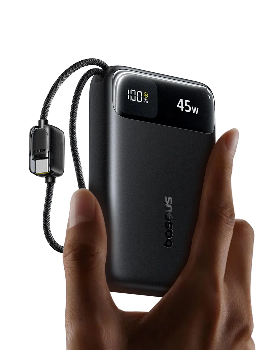 Baseus FC11 Powerbank 45W 20000mAh mit 2 Integriertem USB-C Kabel, Power Bank Klein CCC Zertifizierung mit LED Display, Externe Handyakkus Mini für iPhone 17/16/15/14 Pro Max, iPad, Samsung, Schwarz