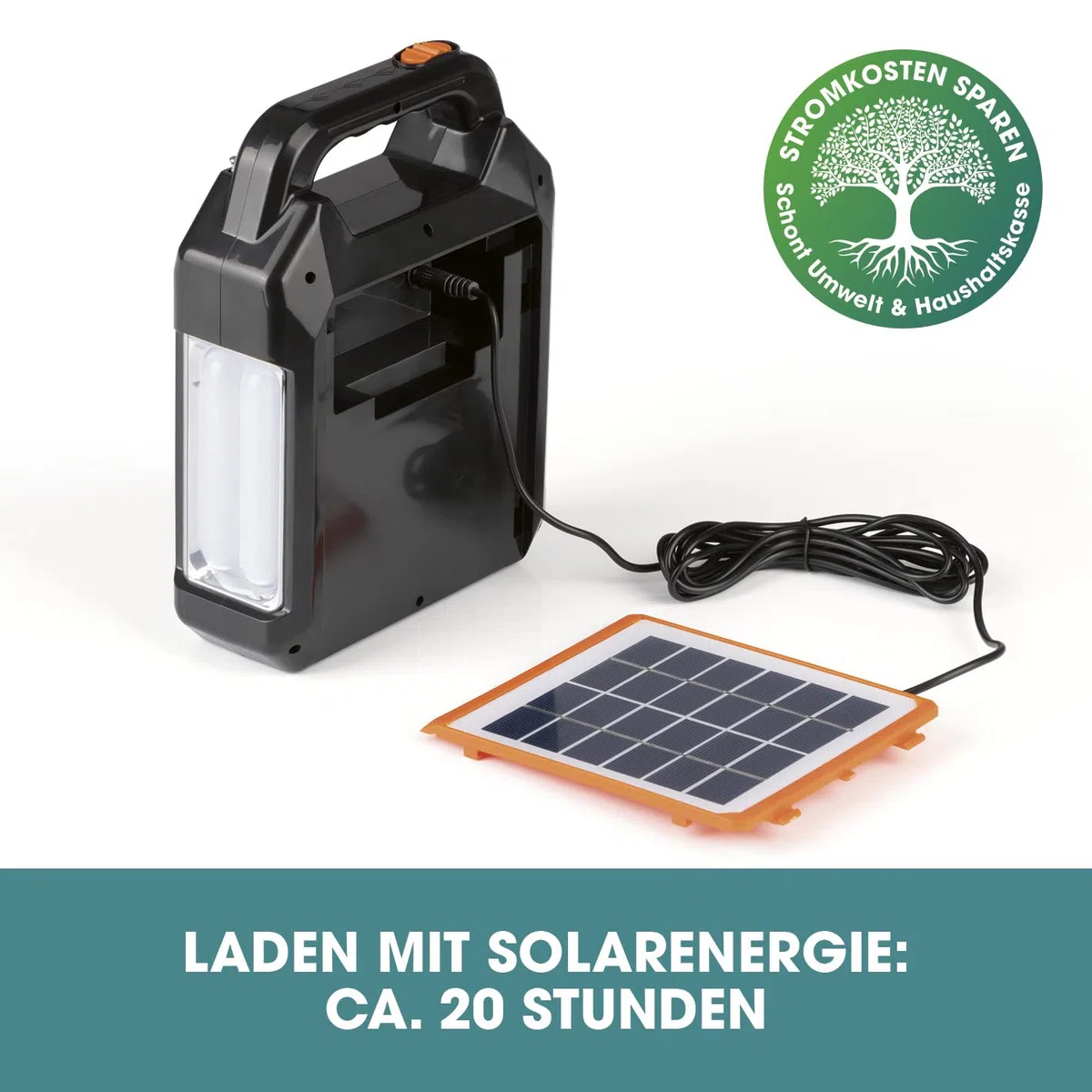 EASYmaxx Solar-Generator Kit 4500mAh | 2 Auflademodi: Solarpanel oder USB | Zum Aufladen von Handy, Powerbank, u.v.m. | Integriertes FM-Radio und Lautsprecher inkl. [Schwarz/Orange]