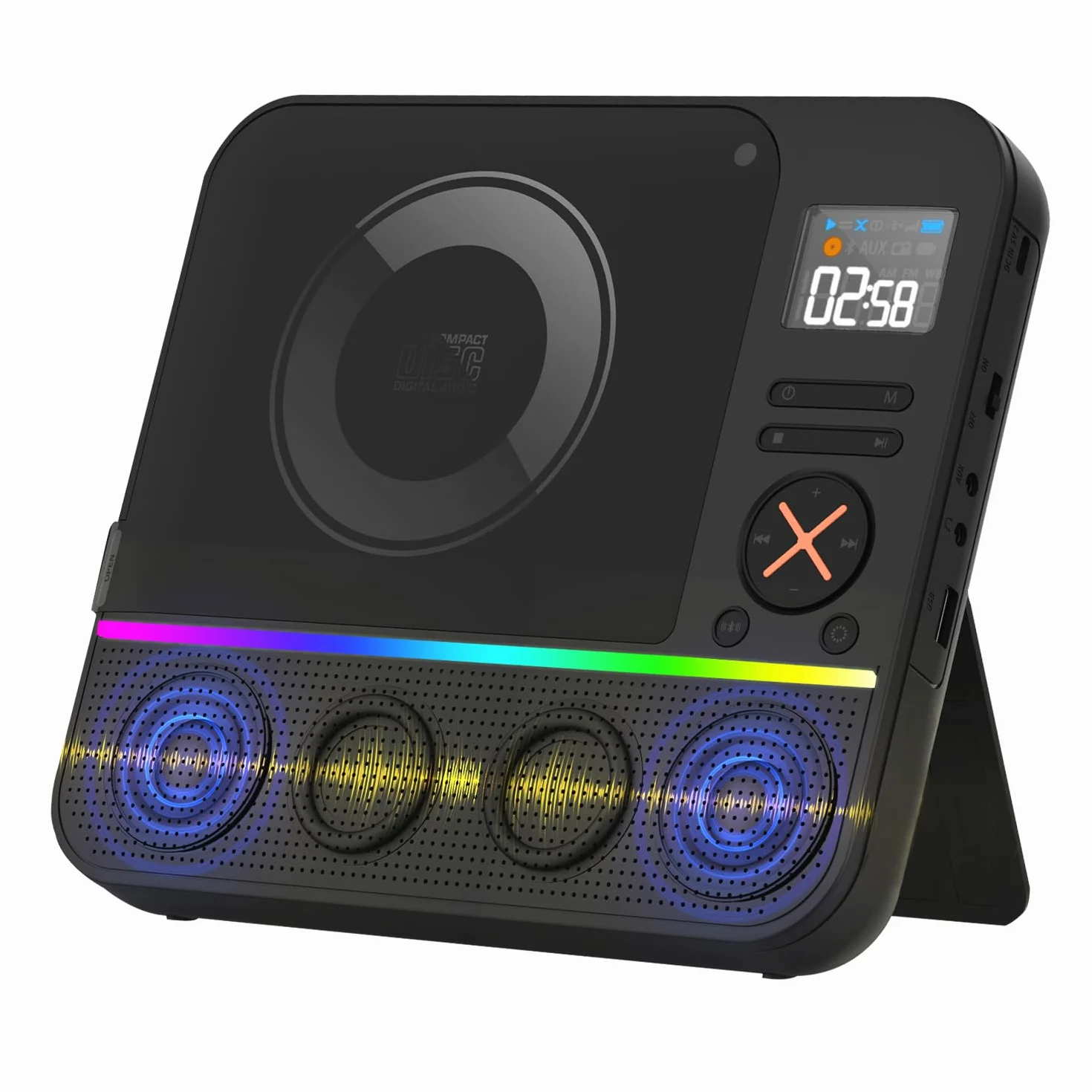 Tragbarer CD Player Bluetooth, Boombox Desktop CD-Player mit Bluetooth FM-Radio und RGB LED-Anzeige Integrierte Dual-Lautsprecher Unterstützt USB/AUX für Hause Camping Tragbare CD-Players